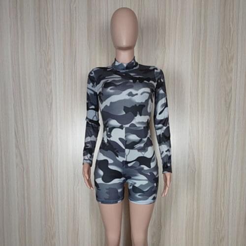 Casual Camouflage Bodycon Playsuit Women Active Wear Sport Long Sleeve Skinny Jumpsuit Romper Zipper Femal Shorts 2021 Clubwear