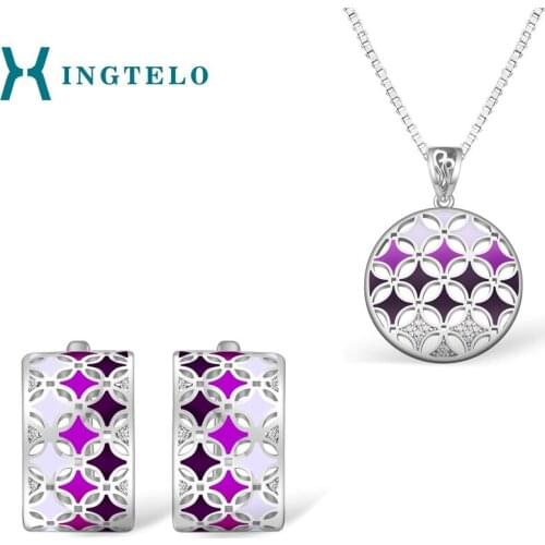 XINGTELO 925 Silver Jewelry Set Round Pendant Pink Purple Geometric Enamel Pattern Crystal Silver Chain Stud Earrings for Women