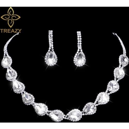TREAZY Luxury Sparkling Crystal Rhinestone Teardrops Necklace Earrings Set for Women Bridal Bridesmaid Wedding Jewelry Sets