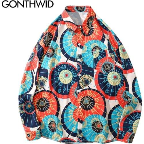 GONTHWID Shirts Streetwear Hip Hop Colorful Umbrella Print Button Blouse Mens Harajuku Fashion Casual Loose Long Sleeve Tops