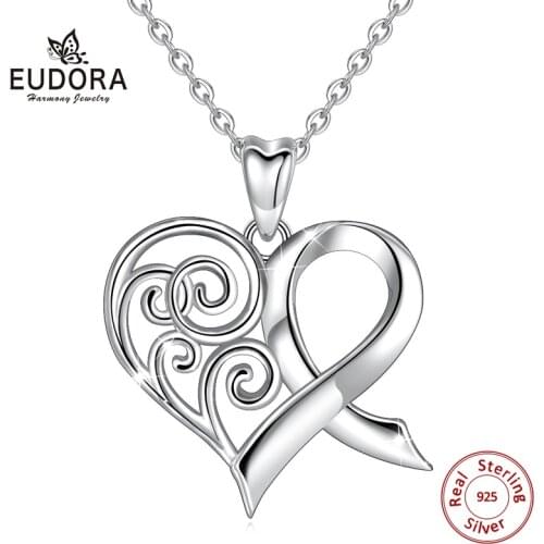 EUDORA Genuine 925 Sterling Silver Romantic Silver Heart Pendant Celtic Knot Necklace for Women Fine Jewelry 2019 New Style D409