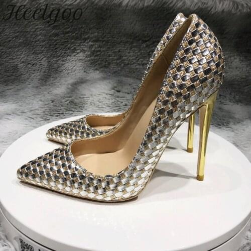 Heelgoo Plaid Pleated Pattern Women Glitter Gold High Heels Pointy Toe Slip On Stiletto Pumps Ladies Wedding Bridal Shoes
