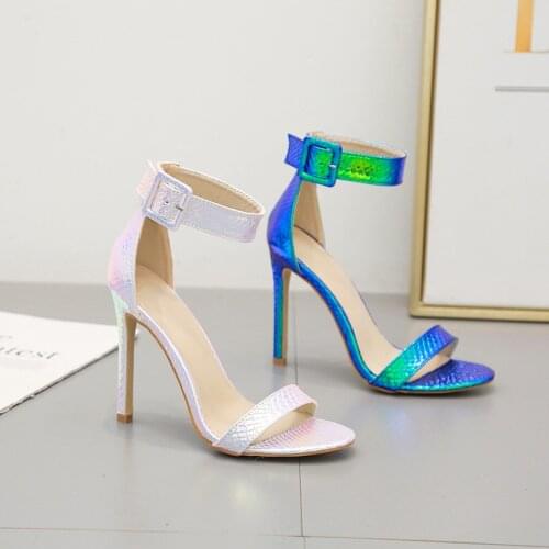 Woman Party Sandals Snakeskin Dress Shoes Fluorescent PVC Transparent Sandals Open Toe Serpentine High Heels Ankle Strap Shoes
