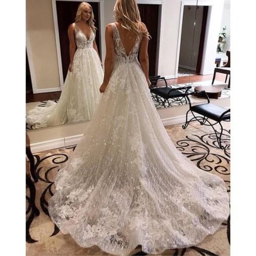 Vestido De Noiva Sparkly Glitter A-Line Wedding Dress Sexy V-Neck Sleeveless Long Court Train Bridal Gowns Robe De Mariee