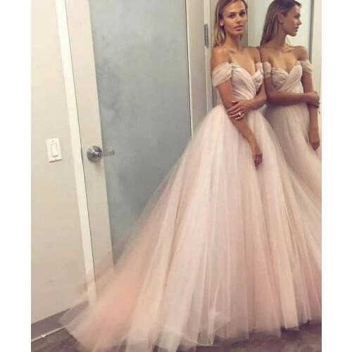 Long Off Shoulder Pink Evening Dresses Floor Length Corset Back Pleated Tulle Abendkleider Formal Party Gowns for Women