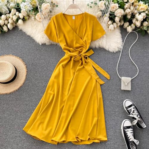 Teeuiear Slim Vintage V Neck Bandage Long Dress Summer Party Women high waist dress Vestido de festa elegant tunic a-line dress