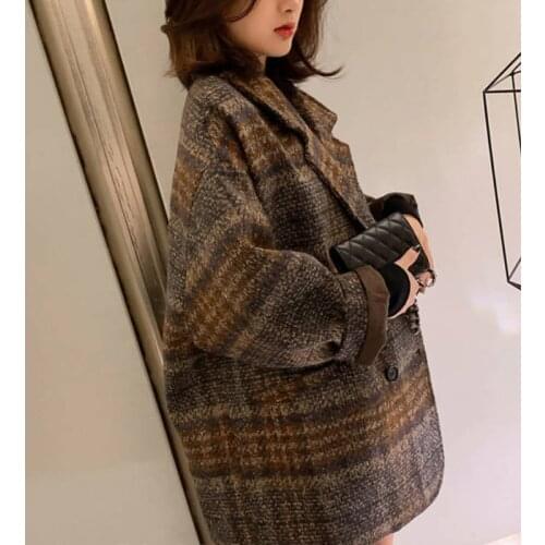 Women Vintage Woolen Loose Plaid Coat Winter Korean Overcoats Female Double Breasted Turn-down Collar Overcoat Korean Streetwear