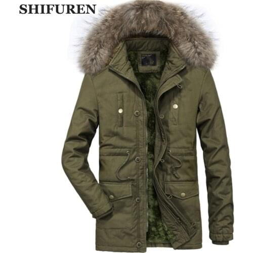 SHIFUREN Cotton Winter Jacket Mid-Long Parka For Men Detachable Fur Hooded Coats Causal Male Thicken Warm Fleece Outerwear