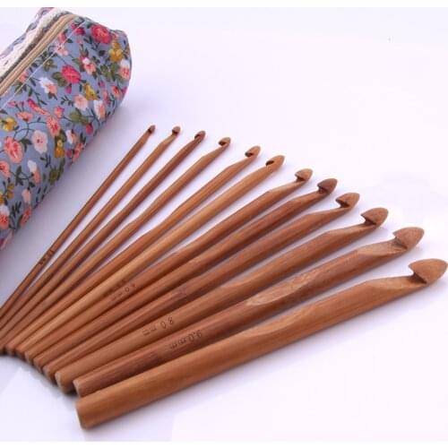 12pcs Bamboo Knitting Needles Handle 3-10mm Crochet Hooks Set DIY Craft Tools with storage bag