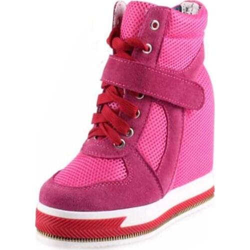 2017 breathable mesh patchwork thick sole wedge heels casual shoes height increasing platform hidden heels lace up boots