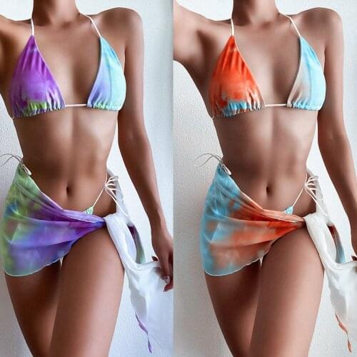 2021 Summer Womens Swimwear 3 Piece Tie Dye Print Sling Crop Top Knot Skirt and Thong Underpants Swimsuit Diamond Bikini Sets