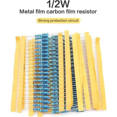 50pcs 1/2W Metal Film Resistor 1% 0.5 watt resistors 1 10 100 110 120 150 220 270 330 470 1K 2.2K 4.7K 10K 100K 470K 1M 2M ohms