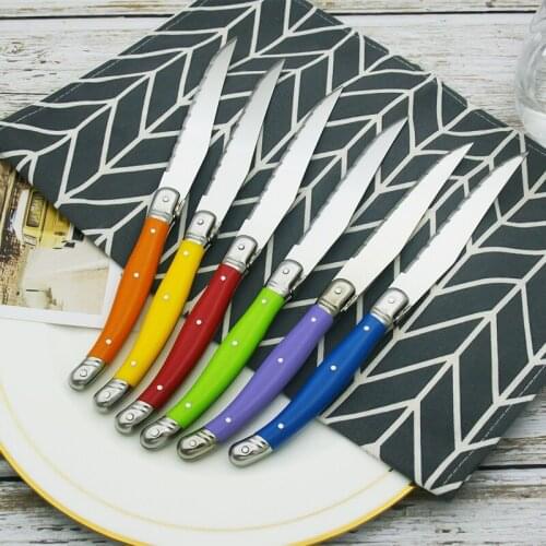 6pcs Laguiole Steak Knives Rainbow Dinner Knife Stainless Steel Tableware ABS Plastic Handle Dinnerware Set Multi-color Flatware