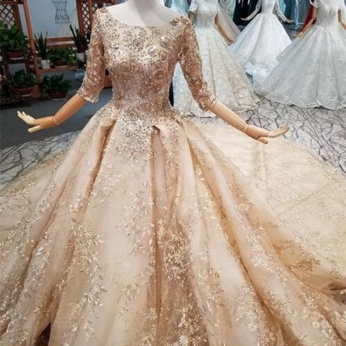 Dubai Gold O-Neck Luxury High-end Evening Dresses 2020 Beading Flowers Vintage Long Sleeves Bridal Gown Real Photo WD30610