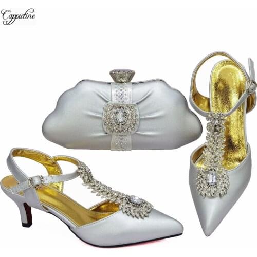 Elegant Silver Italian Shoes with Matching Clutch Bag Set High Heels African Pointed Toes Pumps With Purse Handbag CR661 6.8CM
