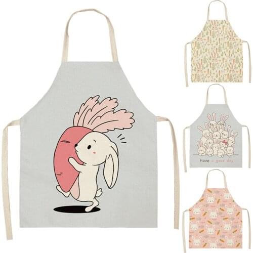 Rabbit Pattern Cleaning Art Aprons Home Cooking Cute Rabbits Kitchen Apron Cook Wear Cotton Linen Adult Bibs 66x47cm