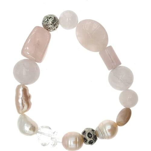FoLisaUnique Rose Quartz Baroque Pearl Bracelet Clear Quartz Antique Silver Plated Beads Stretchy For Women Girl Gift 7.5 Inch