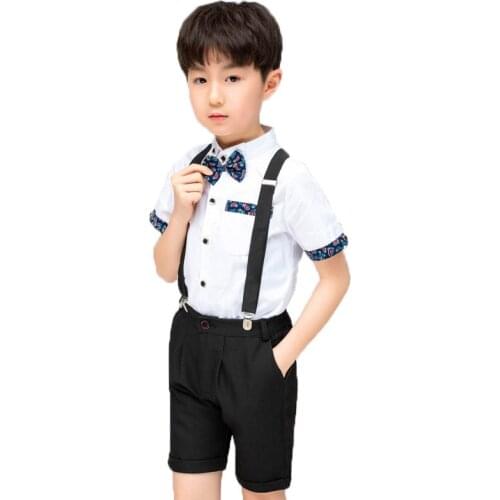 Flower Boys Girls Summer Wedding Party Suit Shirts Strap Shorts /Skirt Bowtie Kids Formal Birthday Dress Children School Uniform