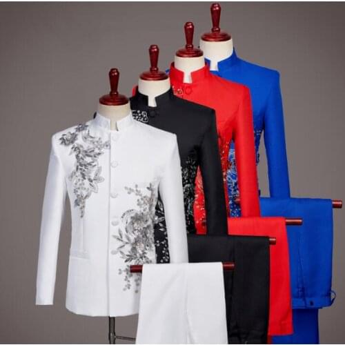 Singer clothing for men groom suit set with pants mens Chinese tunic suit costume Sequin formal dress star style dance stage