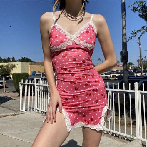 Summer Women Sexy Bodycon Mini Dress Kawaii Cute Cherry Print Spaghetti Strap Sleeveless Lace Trim Patchwork Vestidos 2021