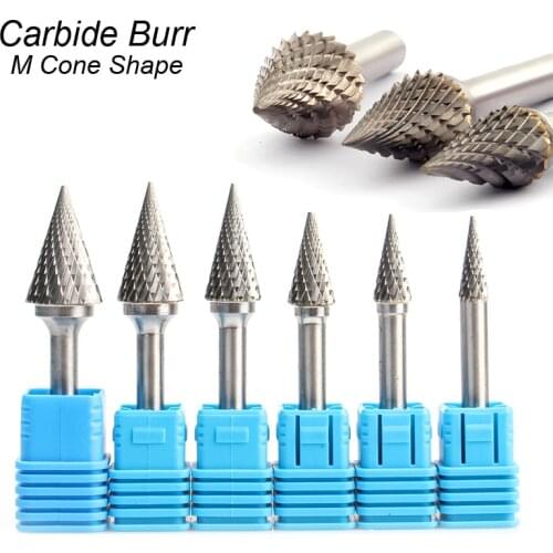 M Cone Shape Mould Carving Grinding Cut Tungsten Carbide Burr Rotary Cutter File Bit 6mm 1/4 Shank Milling Polishing for Dremel