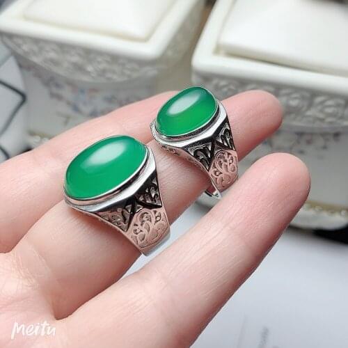 Fashionable new natural green jade Caibaos new 100% real 925 silver ring for men inlaid green chalcedony mens rings