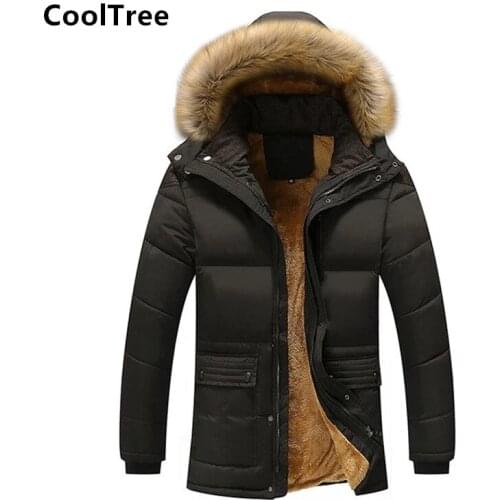CoolTree Men Fur collar Jackets Winter Solid color Plus velvet lining Thick Warm Hooded Coat Male Slim Fit Casual Outerwear Tops