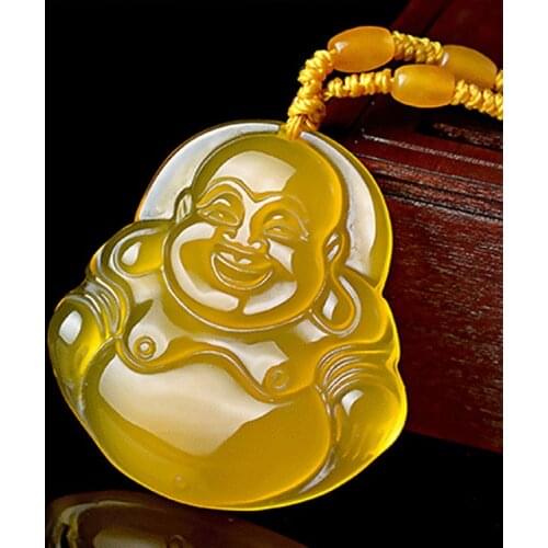 Natural Yellow Agate Jade Guanyin Buddha Pendant Necklace Charm Jewellery Fashion Hand-Carved Man Woman Luck Amulet Gifts
