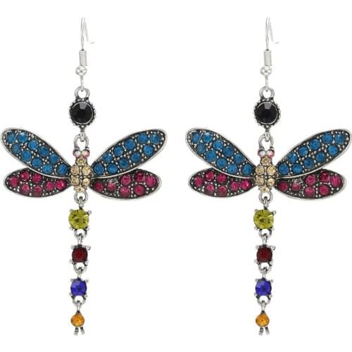 New Vintage Simple Animal Dragonfly Alloy Crystal Pendant Earrings For Women Fashion Exaggeration Metal Stud Jewelry Wholesale