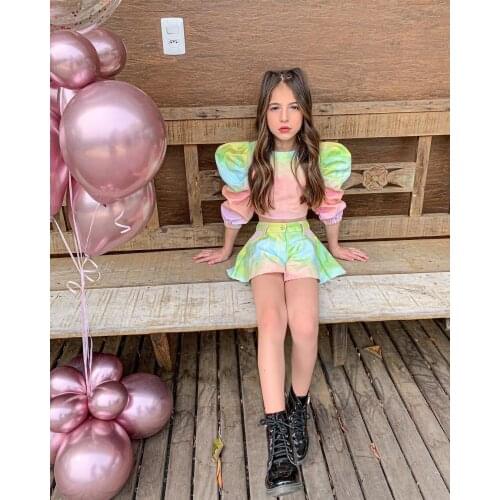 Tie-Dye Autumn Winter Childrens Clothing Girls Round Neck Long-Sleeved Hoodie High Stretch Waist Casual Short Pants Suit 2PCs