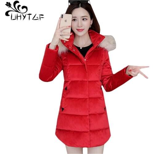 UHYTGF parkas mujer Women down jacket Quality gold velve winter coat fashion fur collar hooded casual warm coat Parker women1088