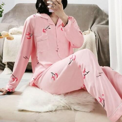 Pajamas Female Spring and Autumn New Products Fold-down Collar Cardigan Long Sleeve Trousers WOMENS Suit Powder Cherry W
