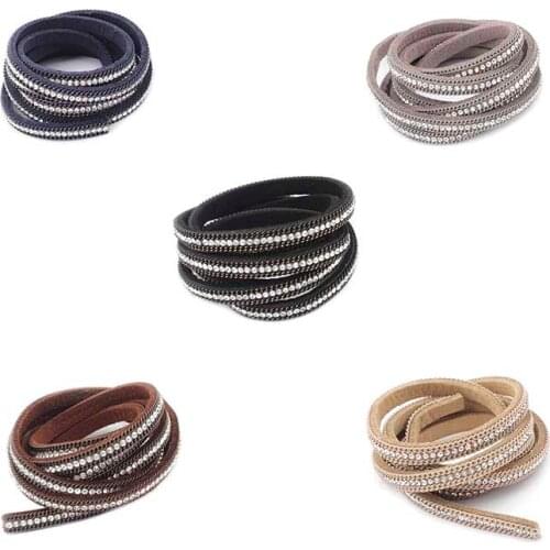 1 Yard Flat Suede Leather Cord Rhinestone Metal Border Surface Fit Bracelet Necklace Bag Waist Belt DIY Jewelry Craft 6*3mm