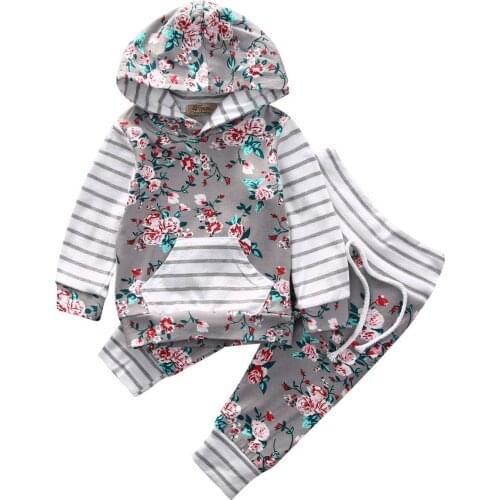 0-24M New Newborn Baby Girls Floral Print Casual Clothes Hooded Tops Pants Home Outfits Set