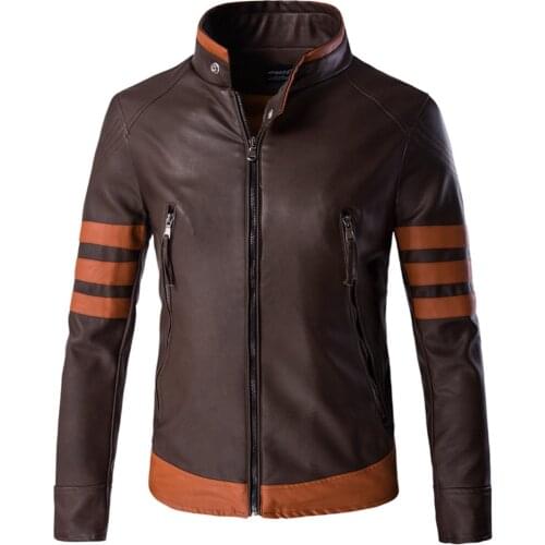 QSuper Autumn&Winter Men Leather Jacket Wolverine Logan Same Style Motorbike Mens Coats Stand-up Collar Male Multi-Sizes Coat