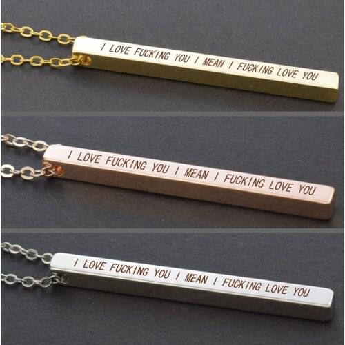 Romantic Couples Necklace I Love You Funny Quote Vertical Bar Necklace Engraved Necklace Girlfriend Boyfriend Gifts