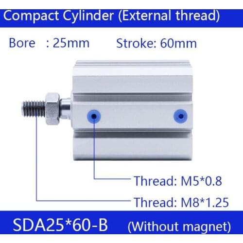 SDA25*60-B Free shipping 25mm Bore 60mm Stroke External thread Compact Air Cylinders Dual Action Air Pneumatic Cylinder