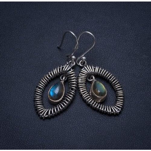Natural Blue Fire Labradorite Handmade 925 Sterling Silver Earrings 1 3/4" T4150