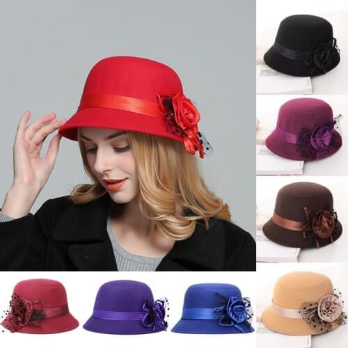 Womens Hats British Style Ladies Top Hat Keep Warm In Autumn Winter Retro Solid Color With Flower Wide Brim Round Flower Cap