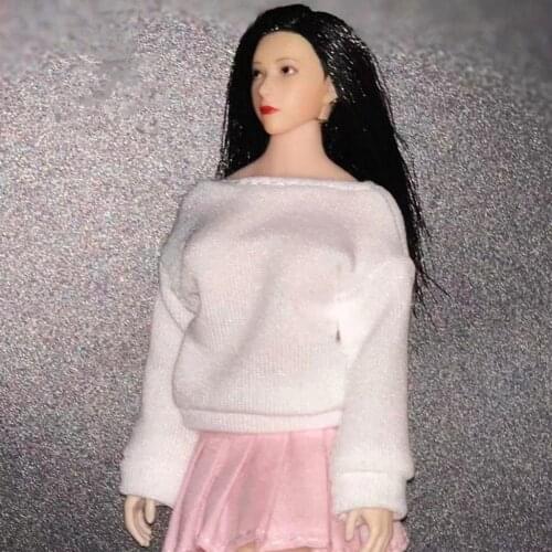 1/12 Scale Women T-shirt & Pink Pleated Skirt Long Sleeve Mini Skirt for BJD Action Figure Clothing Body Outfit Toy Accessory