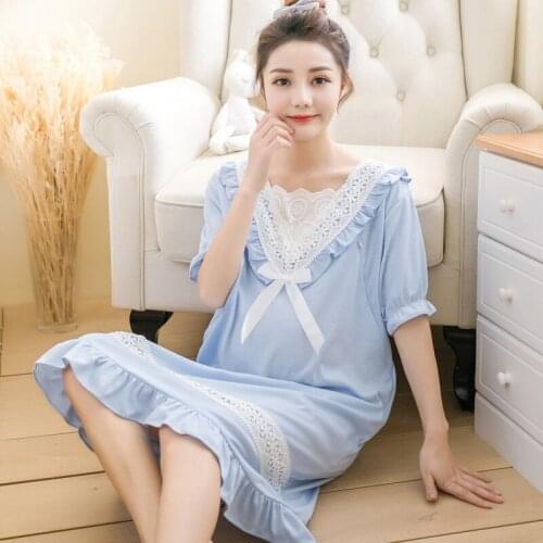Casual nursing nightgown cotton maternity breastfeeding pajamas nightwear lace bow tie blue pink nightdress pregnant sleepwear