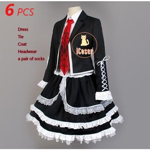 6 PCS Danganronpa Celestia Ludenberg Cosplay Costume Celeste Dangan Ronpa Trigger Happy Havoc Black Dress for Women Outfit