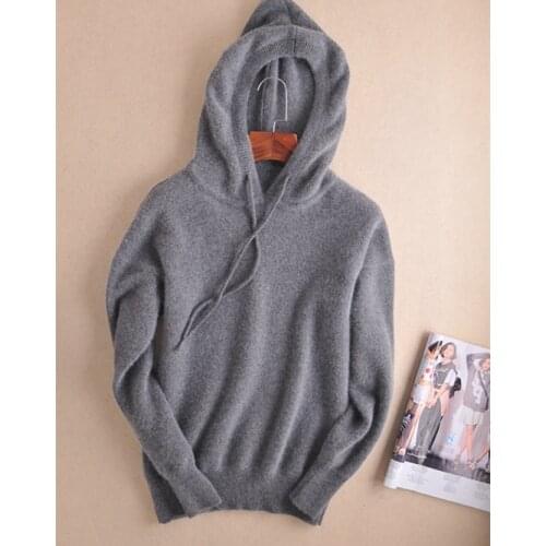 100%goat cashmere knit womens new fashion hooded sweatshirts pullover tie collar 8color retail wholesale S-2XL