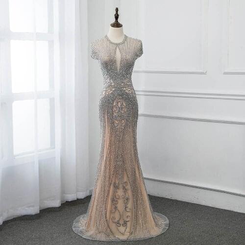 Robe de Soiree 2020 Luxury Crystals Beaded Long Evening Dresses Mermaid Evening Gown Pageant Dress Cap Sleeve
