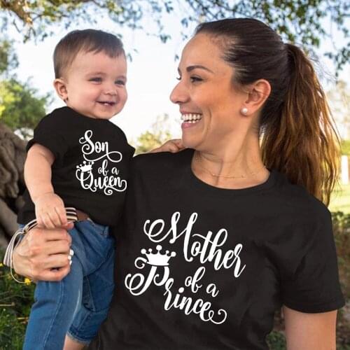 1pc Family Matching Clothes Son of A Queen Mother of A Prince Funny Mother Son T Shirt Kids Black Tees Tops Baby Boys Bodysuits
