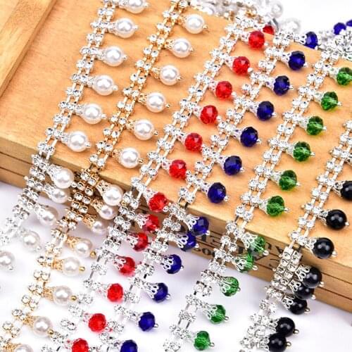 1Yard Fashion Bridal Pearl Tassel Trimmings Dangle Crystal Metal Chain For Sew On Wedding Rhinestone Dress Headwear Decoration