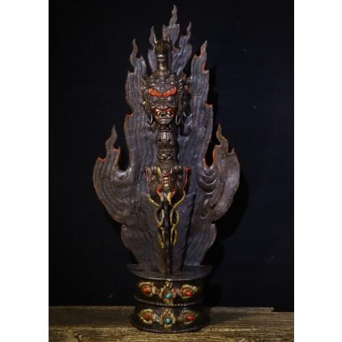 20"Tibet temple Old Tiantie Tracing Skull Horse head Mahakala Back light Dorje Vajra Phurpa Base set Town House Exorcism