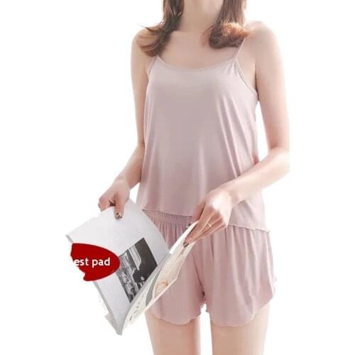 2411c-1Women Pajamas Suits Loose Sling Shorts For Lady Sets Sleepwear Summer Loose Casual Nightgown Solid Color Female Homewear