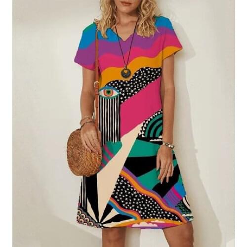 40#Abstract Print Women Dress Casual Elegant Short Sleeve V-neck Loose Knee-Length Dresses Summer Plus Size Dresses vestidos