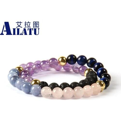Ailatu Jewelry Wholesale 10 Pieces/lot 8 mm Natural Purple Crystal Blue Tiger Eye Stone Double Layer Mens Wrap-Around Bracelet
